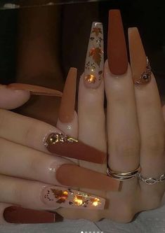 Brown Acrylic Nails, Long Acrylic Nails Coffin, Thanksgiving Nails, Long Square Acrylic Nails, Square Acrylic Nails, Coffin Nails Designs, Pretty Acrylic Nails