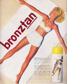 an advertisement for bronzon is shown with a woman laying on a towel and sunscreen