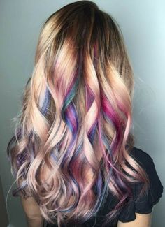 Strawberry Blonde Hair With Colored Tips, Pink And Teal Hair Color Combinations, Summer Fun Hair Color, Colorful Highlights For Blondes, Hair With Colored Tips, Fun Hair Color Ideas For Summer, Hidden Color Hair, Kids Hair Dye Ideas