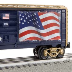 a toy train with an american flag painted on the side