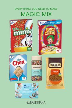 some cereal and other food items on a green background with the words, everything you need to make magic mix