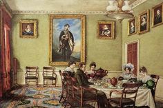 a painting of people sitting at a table in a room with paintings on the wall