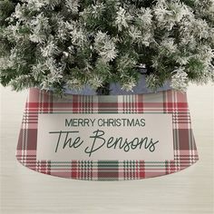 a christmas tree in a pot with the words merry christmas the bensons on it