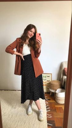 Business Casual Long Skirt Outfits, Long Skirt Business Outfit, Spring Work Wear Women, Sunday Church Outfit Summer Casual, Hipster Work Outfit, Modest Blazer Outfits, August Work Outfits, Midsize Church Outfits, Modern Cottagecore Fashion