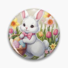 a button with an image of a white rabbit holding a basket full of easter eggs