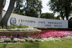 the california state university sign is surrounded by flowers