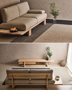 two pictures of a couch and table in a living room, one is made out of wood