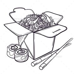 an open box with noodles and chopsticks - food objects