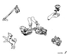 an ink drawing of various items in the air, including a dog and a person's foot