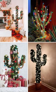 christmas decorations and cactus plants are featured in this collage with the same color lights