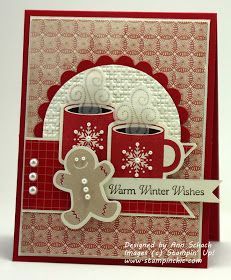 a christmas card with a teddy bear and coffee mugs on the front, which reads warm winter wishes