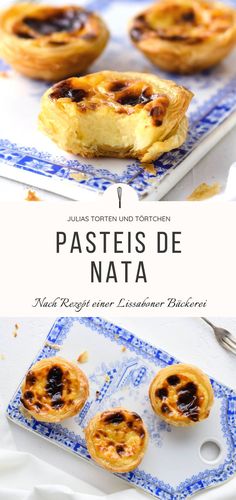 pastries on a blue and white plate with the words pastels de nata