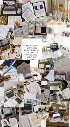 a collage of photos with different types of papers and laptops on them, including one