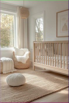 a baby's room with a crib, chair and rug