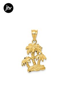 14k yellow gold satin and diamond-cut open-backed palm trees pendant. Measures approximately 1 1/16"L x 5/8"W and has a 3.5mm bail. Gold Satin, Palm Trees, Trees, Yellow Gold, Satin, Pendant, Yellow, Gold