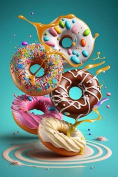 three donuts with sprinkles are stacked on top of each other in front of a blue background