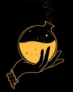 a hand holding a goldfish bowl with water in it on a black background illustration