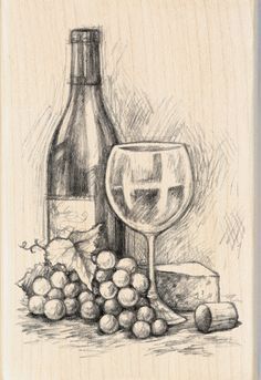 a drawing of a wine glass, bottle and grapes