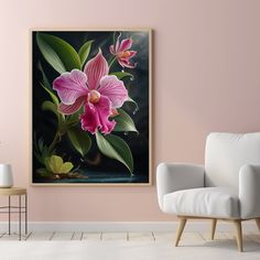 a pink flower is on the wall next to a white chair in a living room