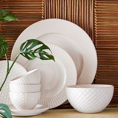 white dinnerware set with green plant in vase