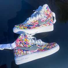 - Custom Air Force 1 Splatter - Size 5.5y - Ready To Mail! - Splattered With Various Colorways On Authentic Air Force 1s! - Ships Once Purchase Is Made - Comment For Questions! Nike Shoes Custom, Nike Air Force High, Air Force 1 High Tops, Nike Shoes Blue, Huraches Nike, Nike Shoes Air Force, Jordan Shoes Girls, Custom Air Force 1, Air Force One