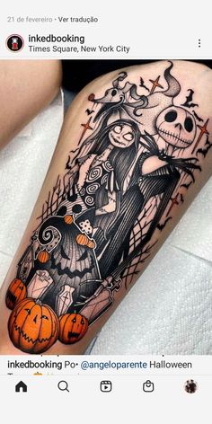 a person with a halloween themed tattoo on their leg