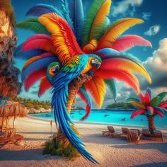 a colorful parrot sitting on top of a palm tree next to the ocean and beach