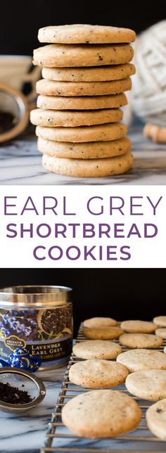 a stack of shortbread cookies sitting on top of a table next to a can