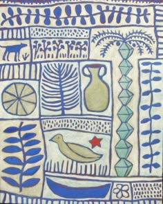 an artistic tile with blue and white designs on it's sides, including a bird