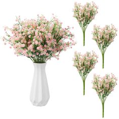 four white vases with pink flowers in them on a white background, one is filled with water