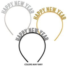 three happy new year headbands with the words happy new year written on them