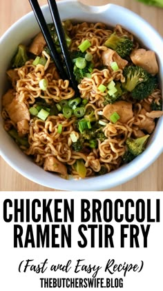 chicken broccoli ramen stir fry in a white bowl with chopsticks