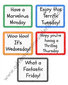 four colorful labels with words that say, have a marvelous monday and happy friday on them