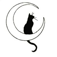 a black cat sitting on top of a crescent with its tail curled up in the air