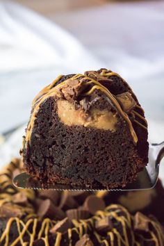 a piece of chocolate cake being held by a fork