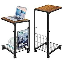 a laptop computer sitting on top of a wooden table next to a wire basket with magazines