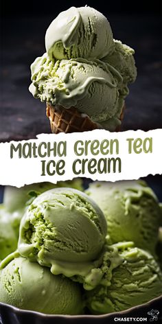 matcha green tea ice cream in a bowl with the text matcha green tea ice cream