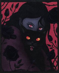 a black cat with red eyes and fangs on it's face is surrounded by roses