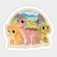 a sticker with four different types of dinosaurs in front of a mountain range and trees