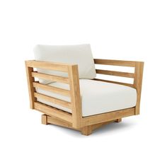 a wooden chair with white cushions on it