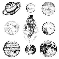 the solar system and its planets in black and white, hand drawn illustration on paper