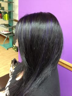 My new hair color, purple highlights! Black With Purple Streaks, Black W Purple Highlights, Dark Purple Streaks In Brown Hair, Purple Highlights Brown Hair Straight, Purple Highlights Black Hair Straight, Brown Hair With Purple Highlights, Purple Hair Highlights, Skunk Hair, Purple Highlights