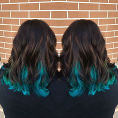 Turquoise Hair Tips, Teal Peekaboo Highlights Brown, Brown Turquoise Hair, Teal Hair Dye On Brown Hair, Dark Hair With Teal Peekaboo, Dark Hair With Bright Colors Underneath, Aqua Tips Hair, Aqua Blue Hair Highlights, Teal Dip Dye Hair