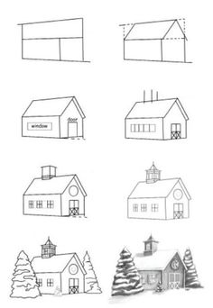 some houses and trees are shown in the drawing book, which shows how to draw them