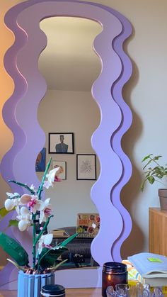 Tall wavy mirror. Pastel home decor. Summer home decor. Curvy Mirrors, Wavy Mirrors, Home Cozy Aesthetic, Funky Apartment Decor, Warm Apartment Aesthetic, Room Decor Maximalist, Pastel Room Aesthetic, Funky Apartment, Chill Apartment