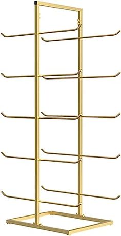 a gold metal rack with five rows of clothes