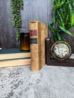 two books are sitting next to each other on a table near a potted plant