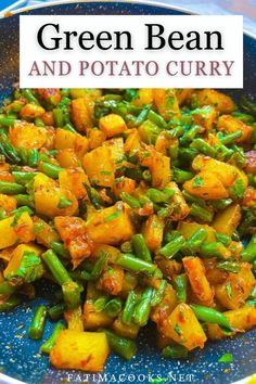 green bean and potato curry in a blue bowl with text overlay that reads green bean and potato curry