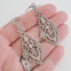 "Vintage Jewelry - Vintage Earrings - Filigree Earrings - Brass Earrings - Art Deco Earrings - Chloes Vintage Handmade Jewelry These are such exquisite earrings! Gorgeous long vintage brass intricate lacy Art Deco earrings. Just beautiful Chloe says, \"Wear them and feel fabulous!\" They measure a stunning 2 1/2\" long\" from the top of the ear wire Thanks for visiting Chloe's" Ornate Sterling Silver Teardrop Earrings For Gift, Ornate Sterling Silver Teardrop Earrings As Gift, Victorian Drop Earrings For Pierced Ears, Filigree Metal Earrings For Anniversary, Handmade Silver Metal Bridal Earrings, Handmade Silver Bridal Earrings, Anniversary Filigree Earrings, Silver Filigree Teardrop Earrings For Gift, Ornate Metal Earrings For Formal Occasions