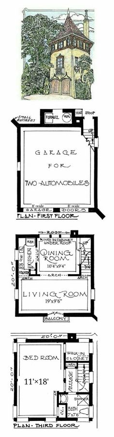 three plans for a house with two floors